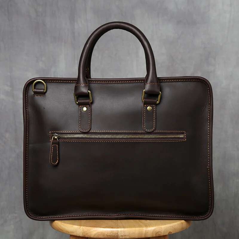 NZPJ Retro Men's Briefcase Leather Laptop Top Layer Cowhide Casual Handbag 14 Inch Business Shoulder Messenger Bag