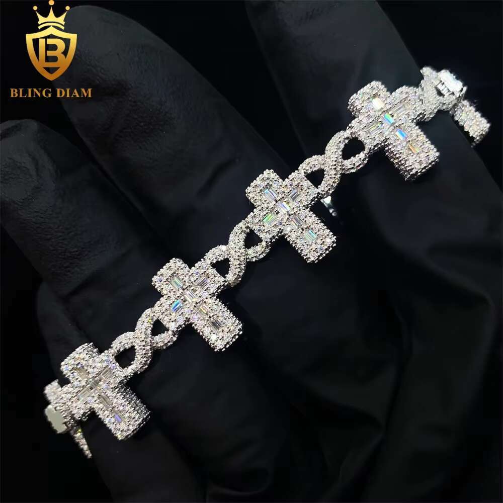 Fine Jewelry Gold Plated 925 Sterling Silver VVS Moissanite Baguette Cuban Link Chain Cross Bracelet for Men Women
