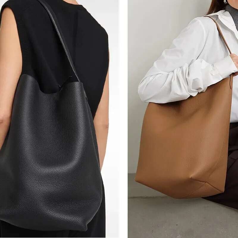 Simple Tote For Women Men Soft Leather Large Capacity Travel Shoulder Purse With Canvas Storage Bag