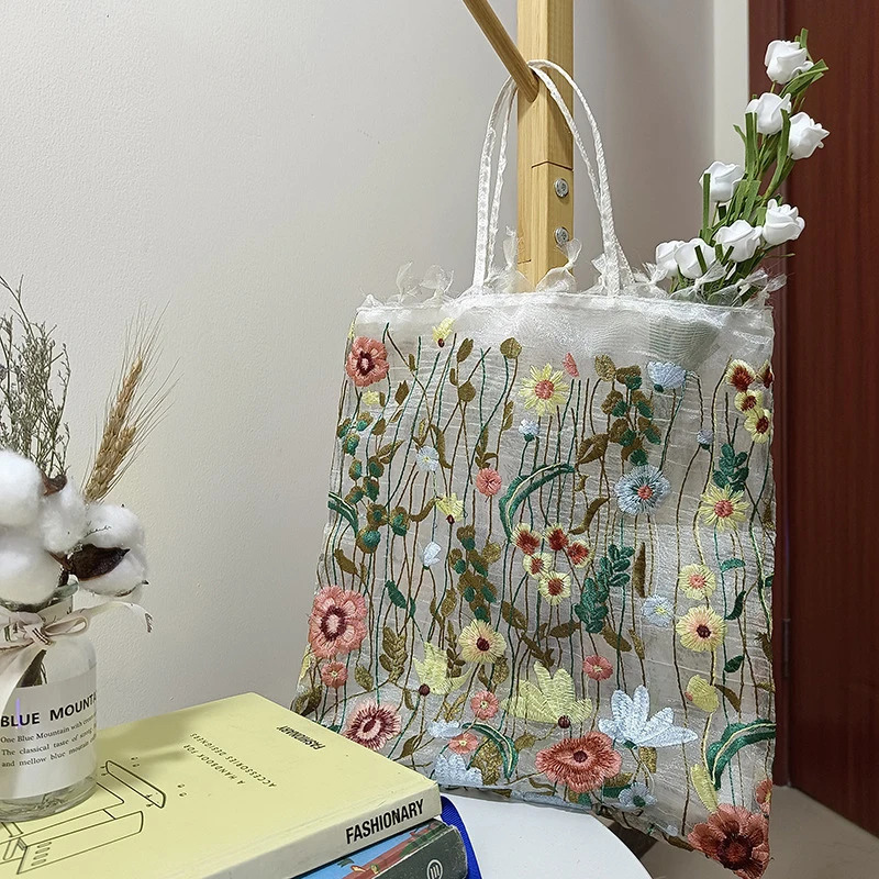 Selling European And American Fashion Womens Bag Mesh Full Hand Embroidered Flower Shoulder Bag Handbag Lace Tote Bag L 250515