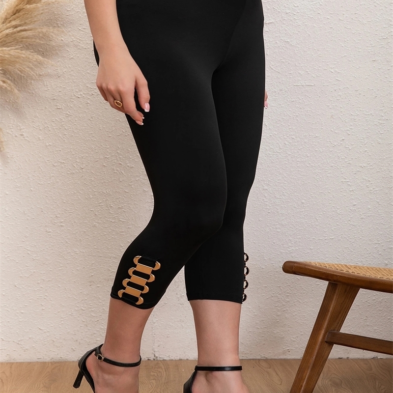 Elegant plus size womens pants with fashionable metal chain details high elasticity casual solid medium and small leg 250506