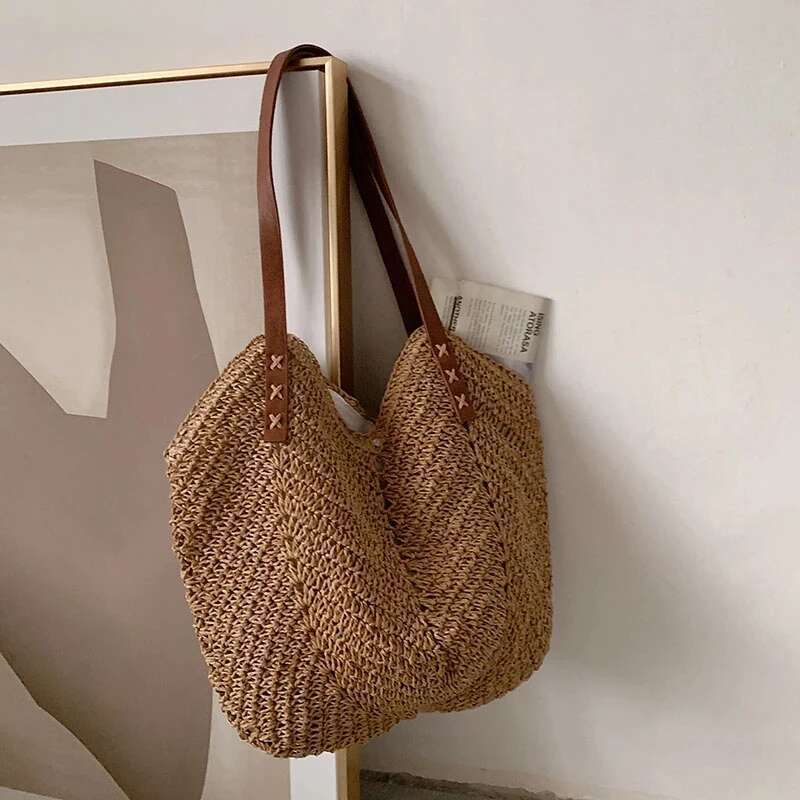 Summer Straw Woven Shoulder Rattan Beach Large Capacity Tote Bags Handmade Vacation Travel Handle Bag Shopping Handbag Bolsa