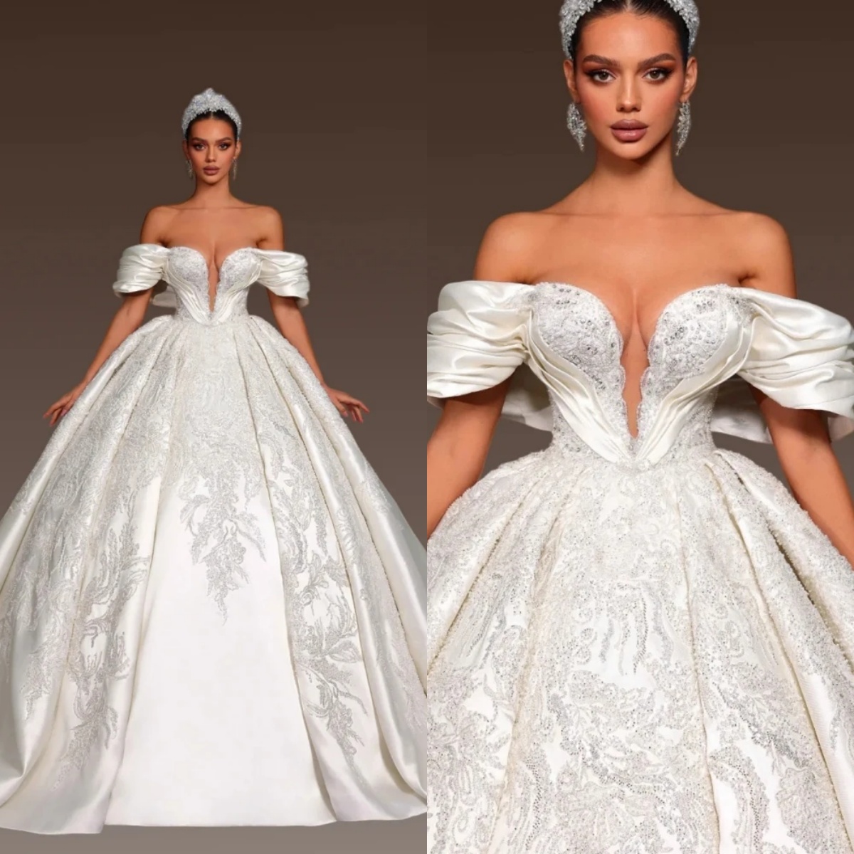 Vintage Wedding Dress For Women Sweetheart Neck Off Shoulder Sleeveless Bridal Gown Sequins Appliques Sweep Train Dresses Custom Made vestidos de novi