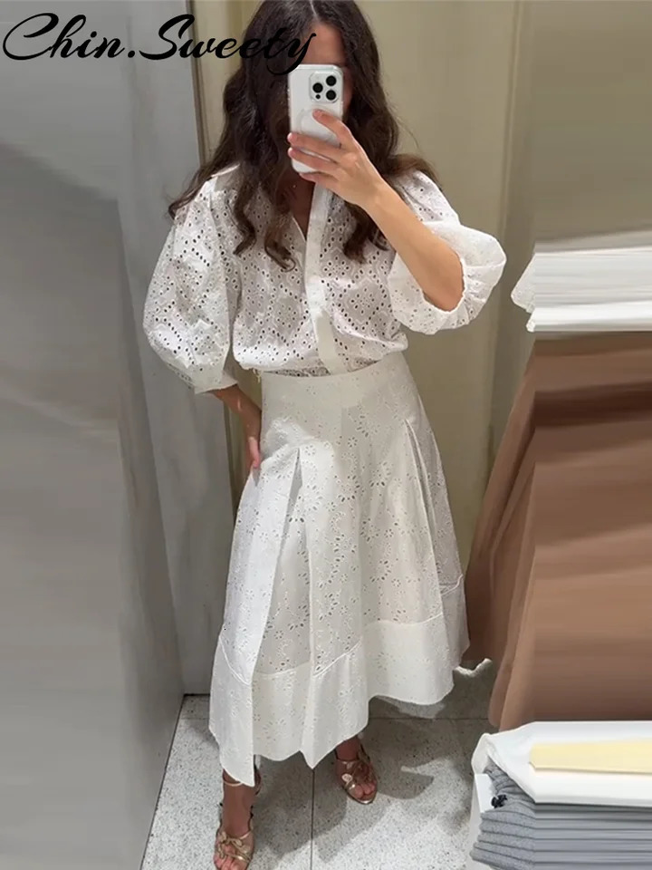 Casual White Shirt Skirt Women Outfit y Three Sleeve Top Patchwork Zippers Pleated Skirts Summer Elegant Lady Set 250515