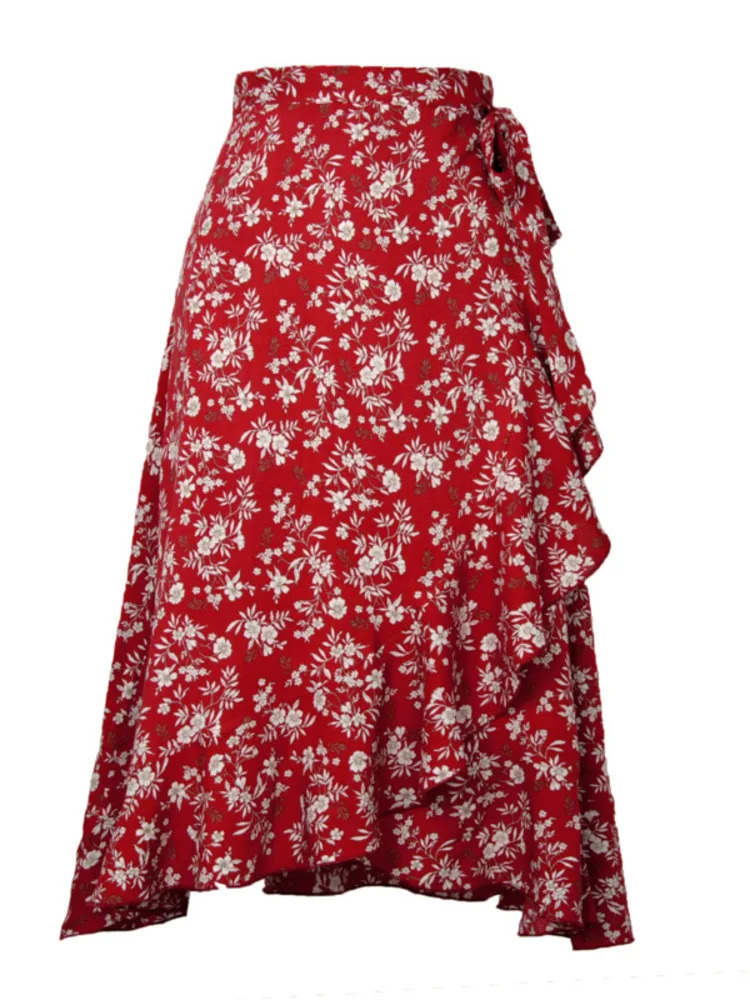 LaceUp High Waist Floral Print Skirt For Women Summer Beach Boho Irregular A Line Casual Fairycore Midi Skirts Female 250515