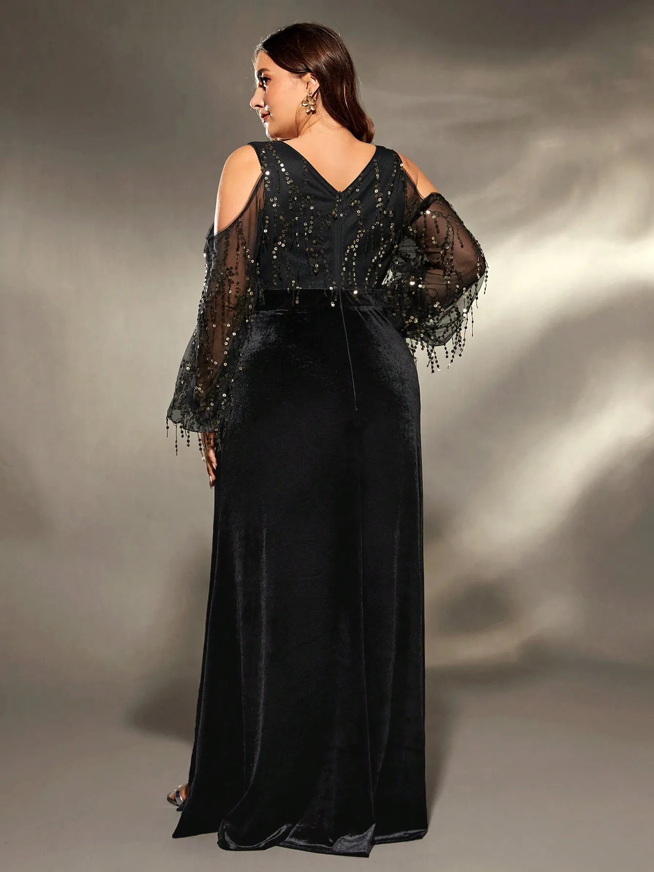 Mgiacy plus size deep Vshaped cross neck shoulder open collar sequin splicing velvet irregular lotus leaf matching seam dress evening gown 250506