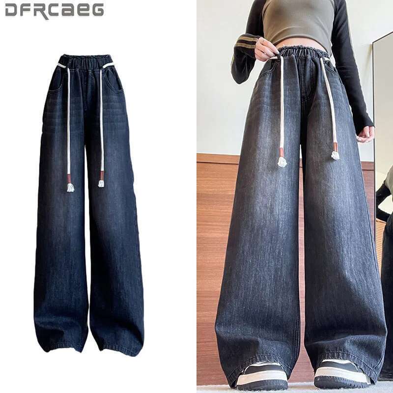 L - 6XL Plus Size For Woman High Elastic Waist Drawstring Black Jeans Women Streetwear Wide Leg Loose Casual Denim Pants