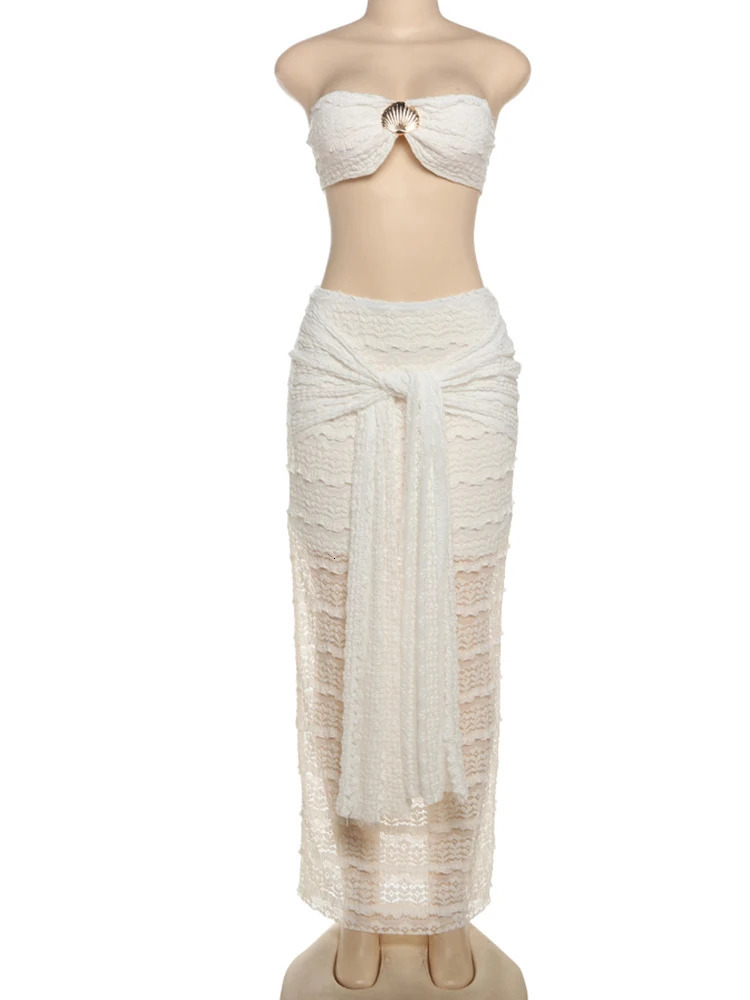 Weird Puss Elegant Women 2piece Set Sexy See Through Thin Tierred Y2K Seashell Tube TopWrapped Bandage Skirts Matching Clubwear 250515