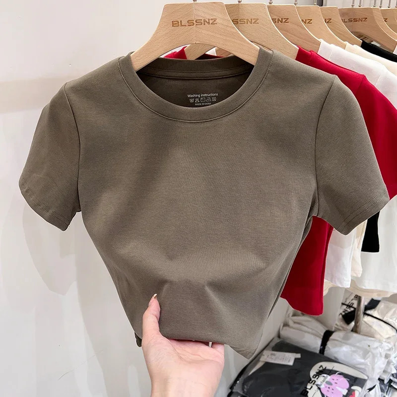 Casual Black White Fashion Crop Top T Shirt Solid Basic Short Sleeve Womens Tshirt Ladies Korean Tee Streetwear 250506
