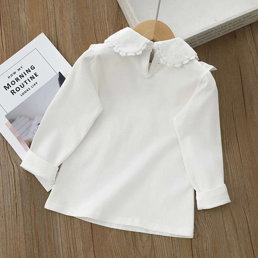 Bear Leader Girls Shirt Autumn Girls White Long Sleeve Lace Pearl Bow Sweet Shirt Childrens Cotton Casual Shirt 250515