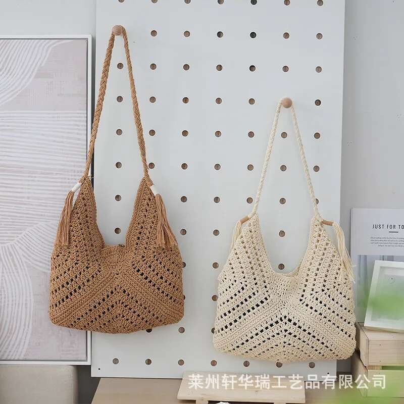 Summer Hollowed Out Cow Horn Shoulder Large Capacity Commuting Cotton Rope Woven Vacation Leisure Beach Women's Bag