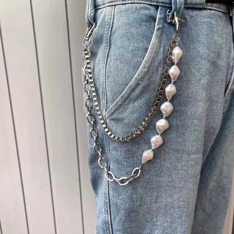 Fashion Irregular Imitation Pearl Jeans Chain for Women Men Punk Hip Hop Metal Waist Chain Key Chain Y2K Jewelry Accessories Y250515