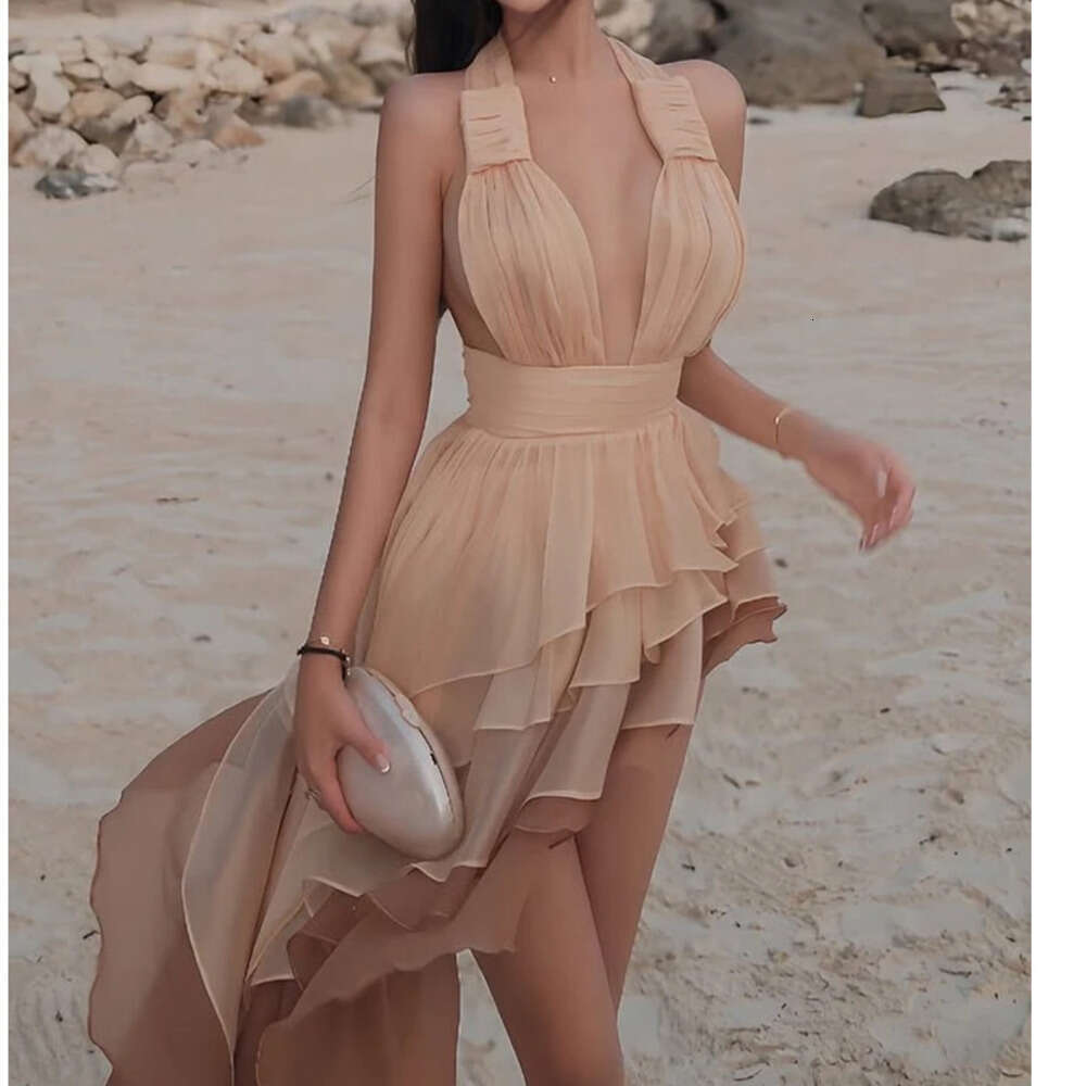 Weird Puss Tierred Tassel Dress Women Backless Sleeveless Halter Gradient Color Lace Pleated Sexy Beach Vacation Party Bodycon