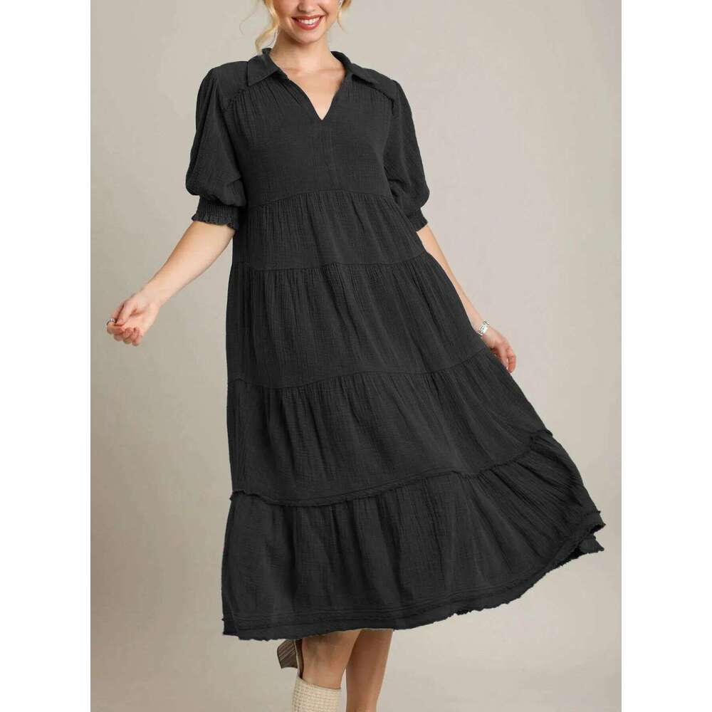 White Dress Maxi Dress 2024 New Fashionable And Comfortable Mid Sleeve V-Neck Layered Dress For Women KQ