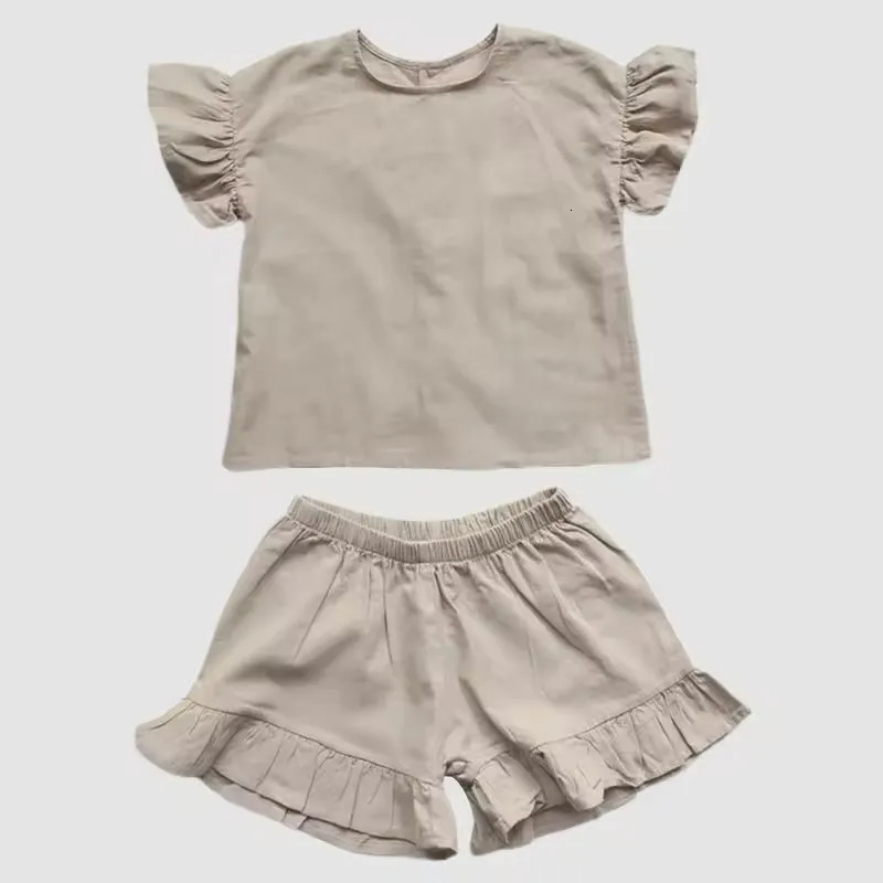 Childrens Summer Cotton Linen Suit Chic Ruffled Short-Sleeved Top Loose Shorts Casual Boys And Girls Two-Piece Sets 250515