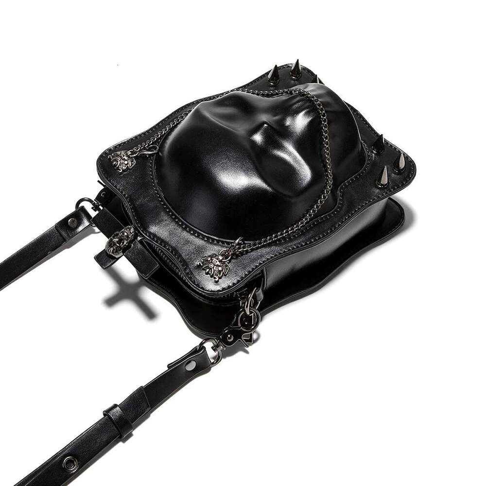 Halloween Theme Punk Rivet Skull Shape Shoulder Bag, PU Leather Skeleton Flap With Zipper Closure Dark Gothic Crossbody Bag