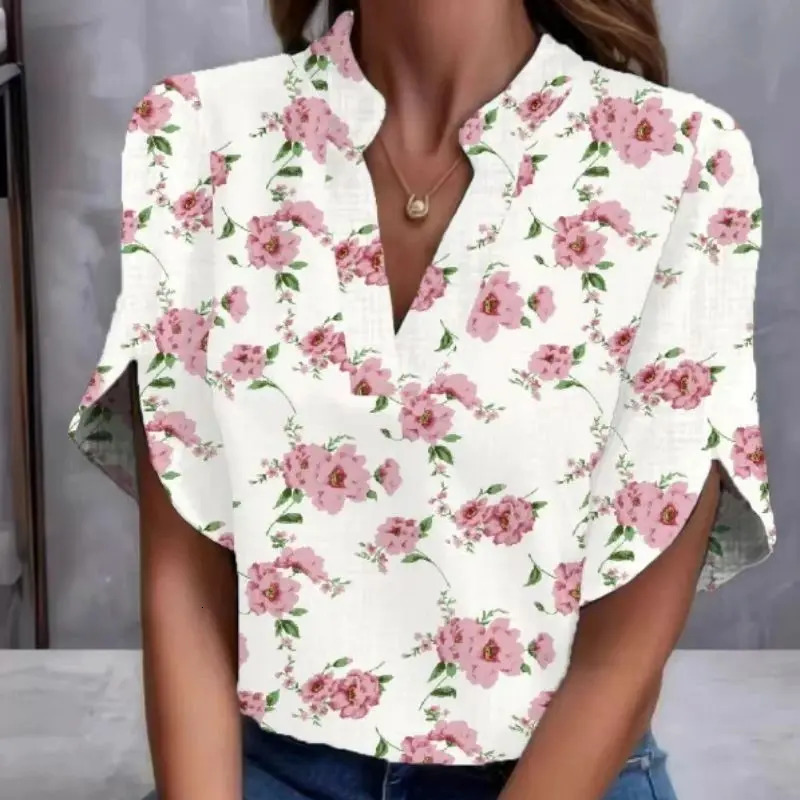 Plus Size Women Short Sleeve Blouse Summer Loose Casual Shirt V Neck Trendy Tops 250515