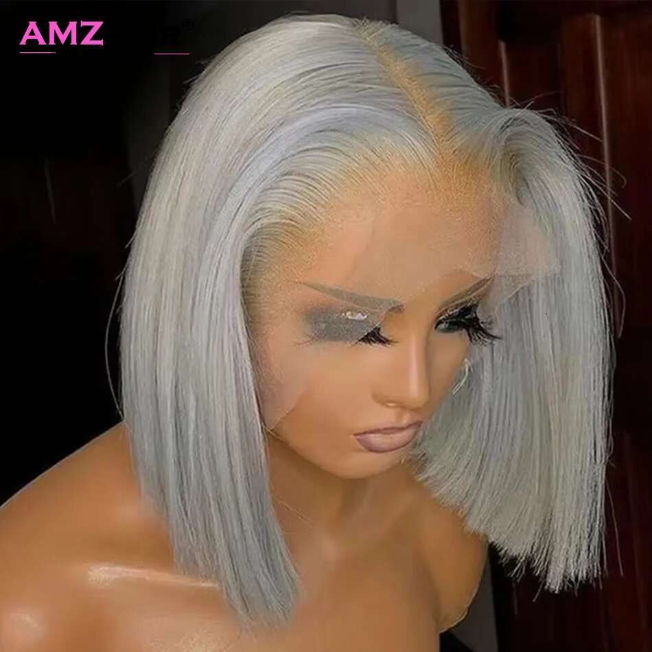 Sier Short Bob Wig Grey Straight 13X4 Lace Transparent Front Wigs Human Hair For Black Women 10 12 14 16 Inch