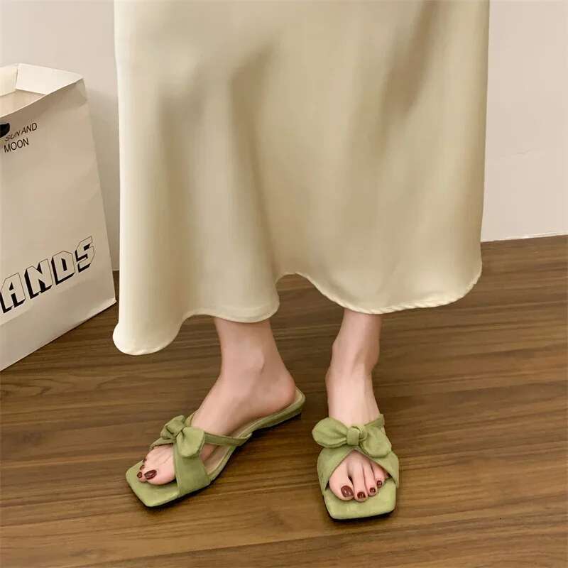 High-Heeled Shoes Lady Womens Slippers Outdoor Slides Pantofle Low Square Heel Fashion Butterfly-Knot Summer 2025 Block