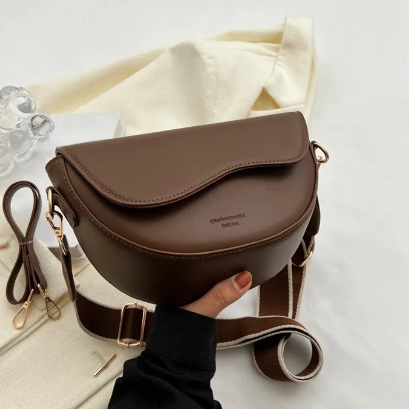 Vintage Solid Color Saddle All-Match Crossbody Bag With Colorblock Wide Strap bag