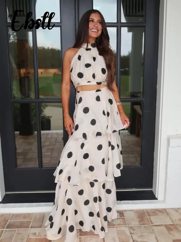 Chic Polka Dots Crop Top Skirts Set Women Elegant Halter Sleeveless Vest Ruffles Aline Long Skirt Summer Lady Outfit 250515