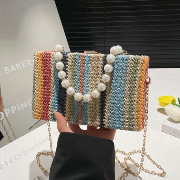 2025 Summer New Colorful Splicing Rainbow Weaving Small Square for Women, Fashionable and Versatile, Casual Chain, Single Shoulder Crossbody Bag
