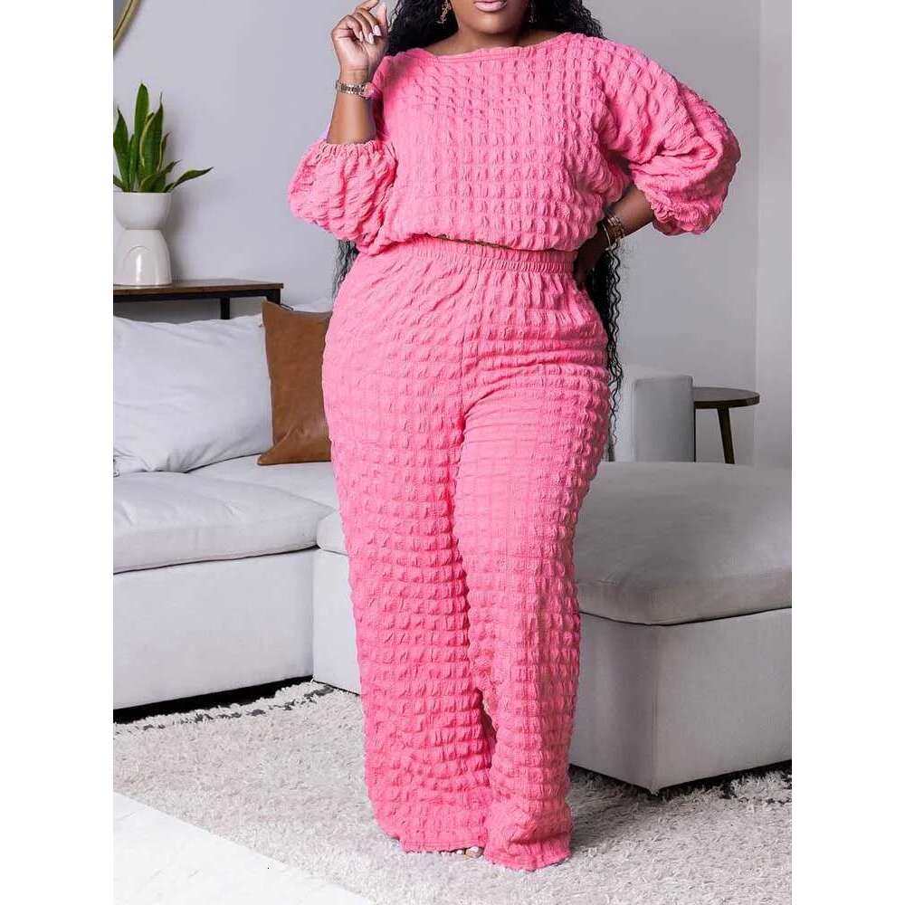 Curvy Plus Size Woman Clothing Fall Winter Long Sleeve 2 Piece Outfit Set Bubble Waffle Pleated Top and Pants Sets Elegant Suit