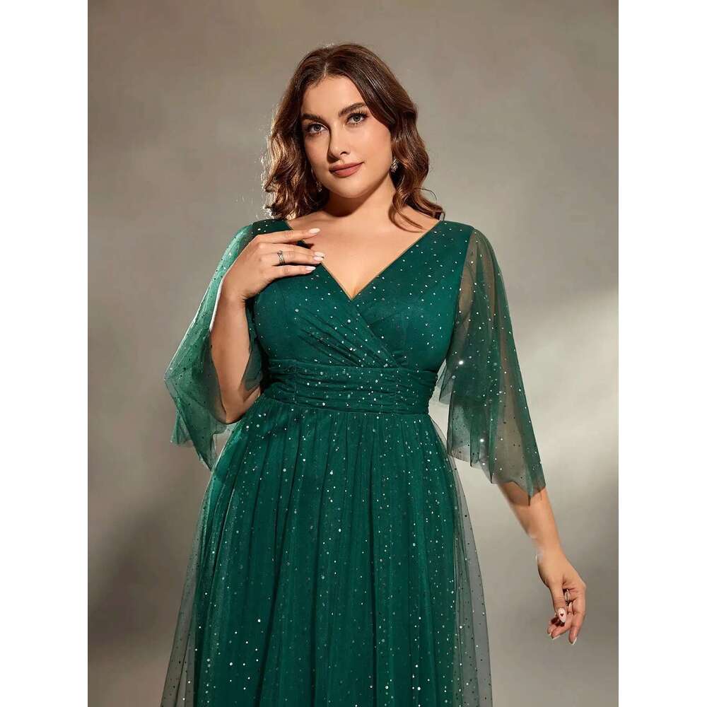 Mgiacy plus size V-neck cross chest pleats irregular long sleeve fillet netting A full skirt Evening gown Ball Party dress
