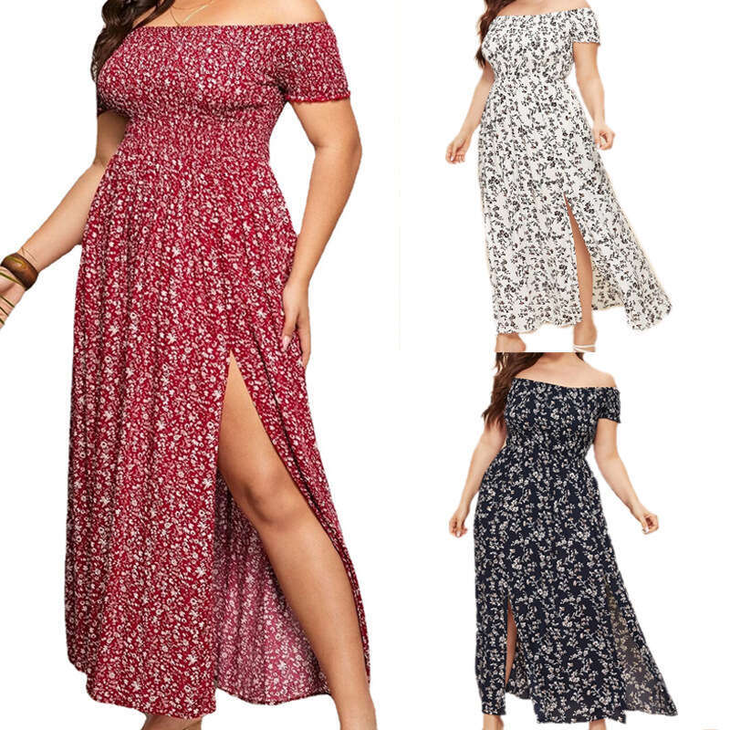 Plus Size Womens Dress June Tender Floral Dress Plus Size Womens Clothing Womens Large Casual Bohemian Print Off Shoulder One Line Neck Split Long Sma