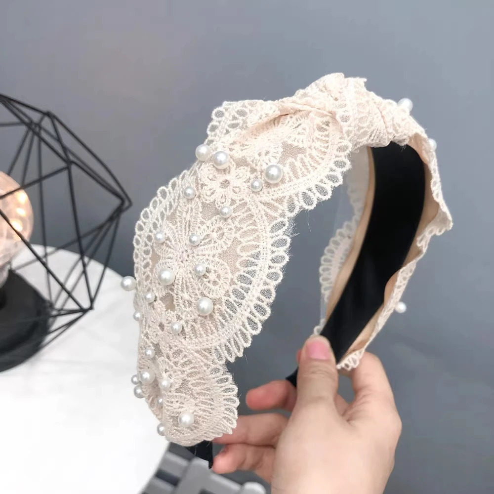 1 piece of lace knotted headband wide edge Korean style headband nail pearl Korean style headband for women 250509
