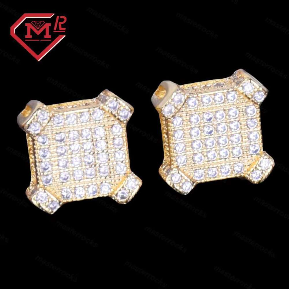 10mm sparkling pyroxene square ice cold unisex Hiphop fashion jewelry gold-plated earrings