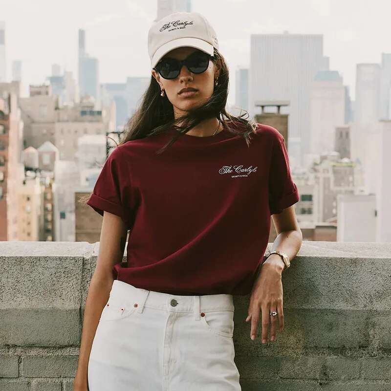 Summer New North American Niche Letter Printed Wine Red Cotton Round Neck Women's Short Sleeved Sports T-Shirt