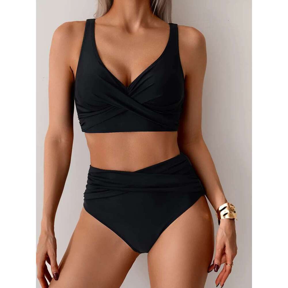 Vintage Hot Pink Patchwork Bikini Women V Neck Cross Pleate High Waist Swimsuit 2025 Holiday Bathing Suit Swimwear Large Size