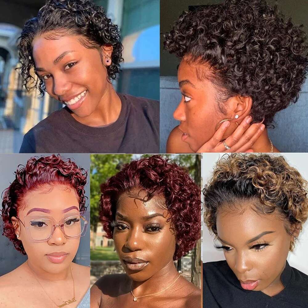 Pixie Cut Colored Lace Spring Curl Short Bob For Women Natural Black Color Human Hair Cheap Wig 13X1