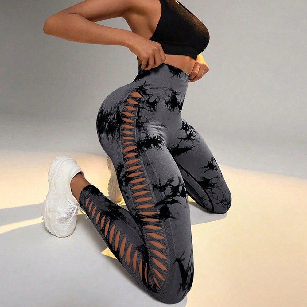 New style sports breathable quick-drying tight high waist hip lifting fitness trousers side hollow tie-dye yoga pants for women