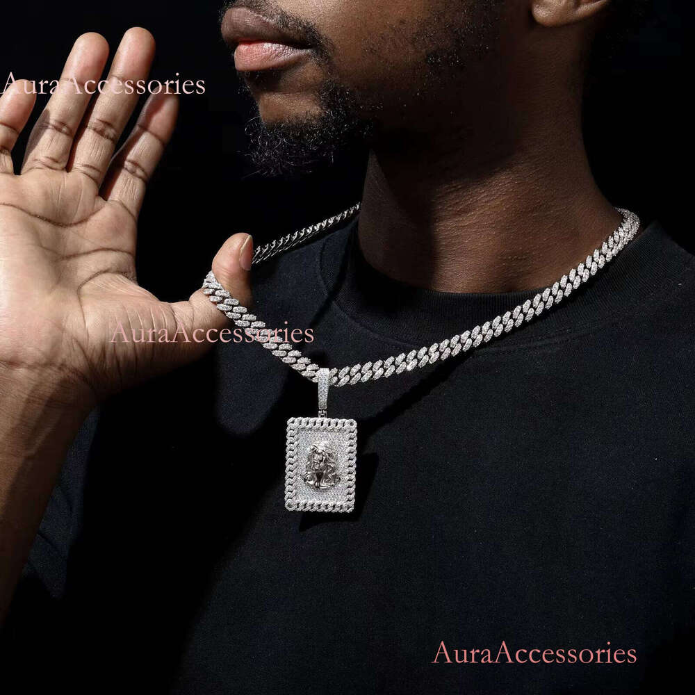 Men Jewelry Real Gold Plated Sterling Sier Moissanite Dia Iced Out Jesus Sign Dog Tag Pendant With Cuban