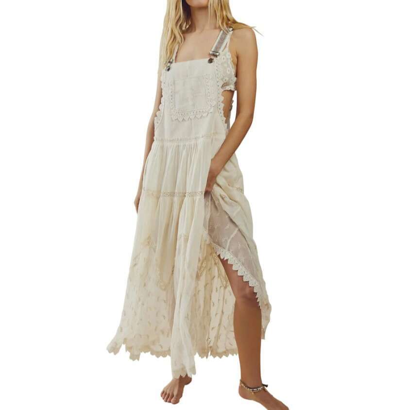 2024 Women's Casual Lace Embroidered Long Dress with Adjustable Shoulder Straps and Flowing Skirt