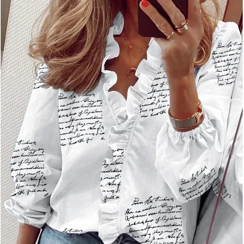 Vintage Ruffles Women Blouses Autumn Long Sleeve Office Lady Elegant Tops Cotton Casual Vneck Shirt Clothing 250515