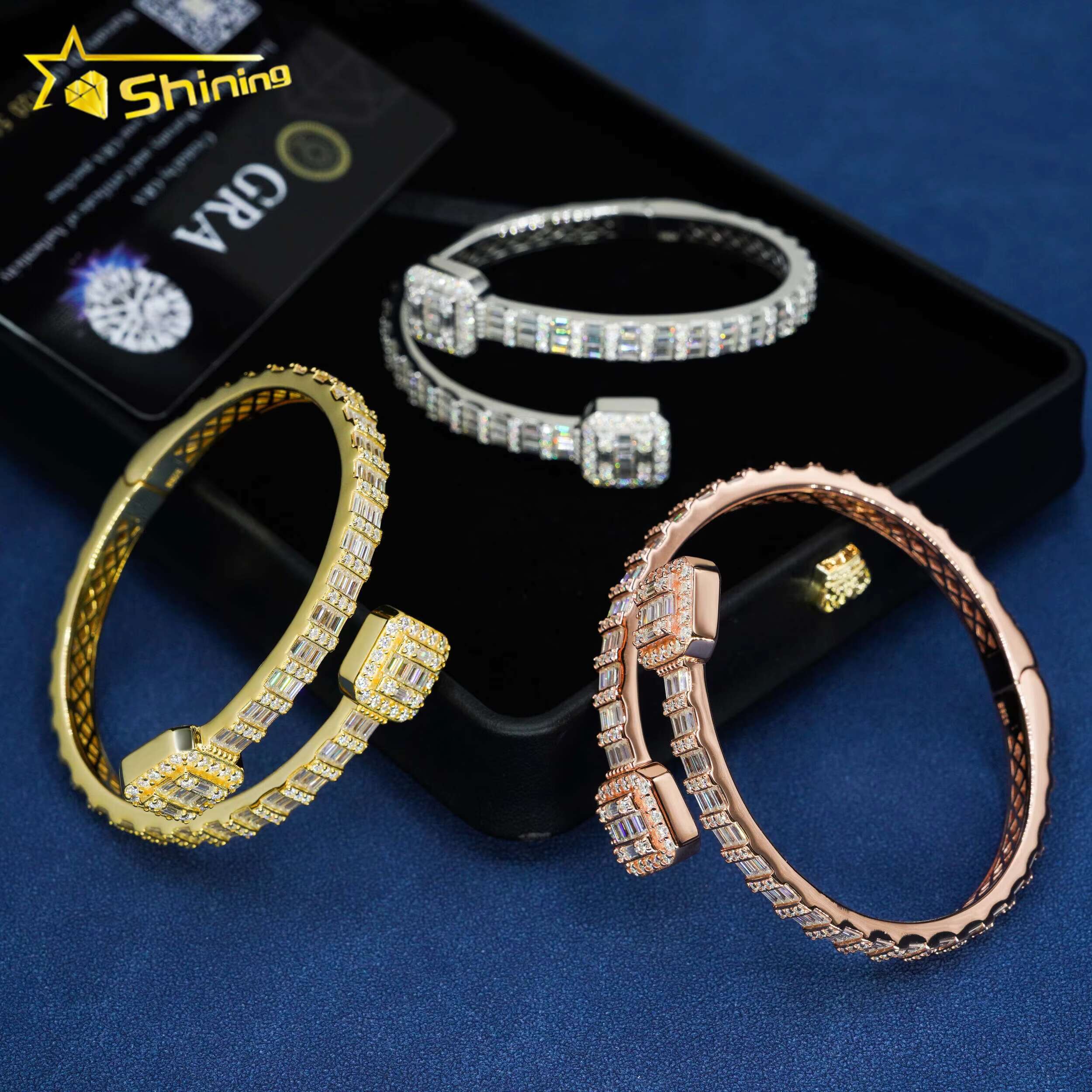 Ready to Ship Factory Wholesale Solid S925 Gold Plated Hip Hop Jewelry Classic Bracelet VVS Moissanite Bangles