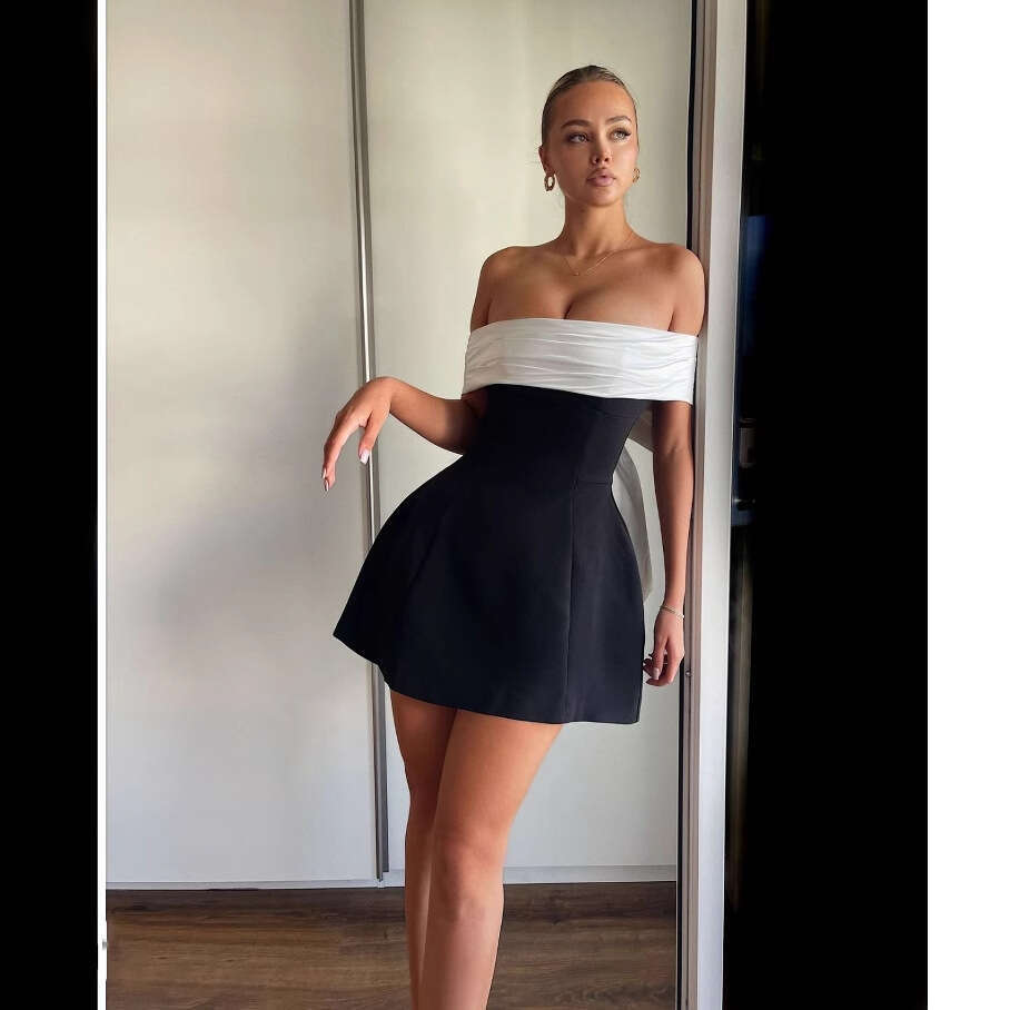 25 Spring/Summer One Shoulder Black and White Contrast Waist A Swing Design Bow Dress LX0114