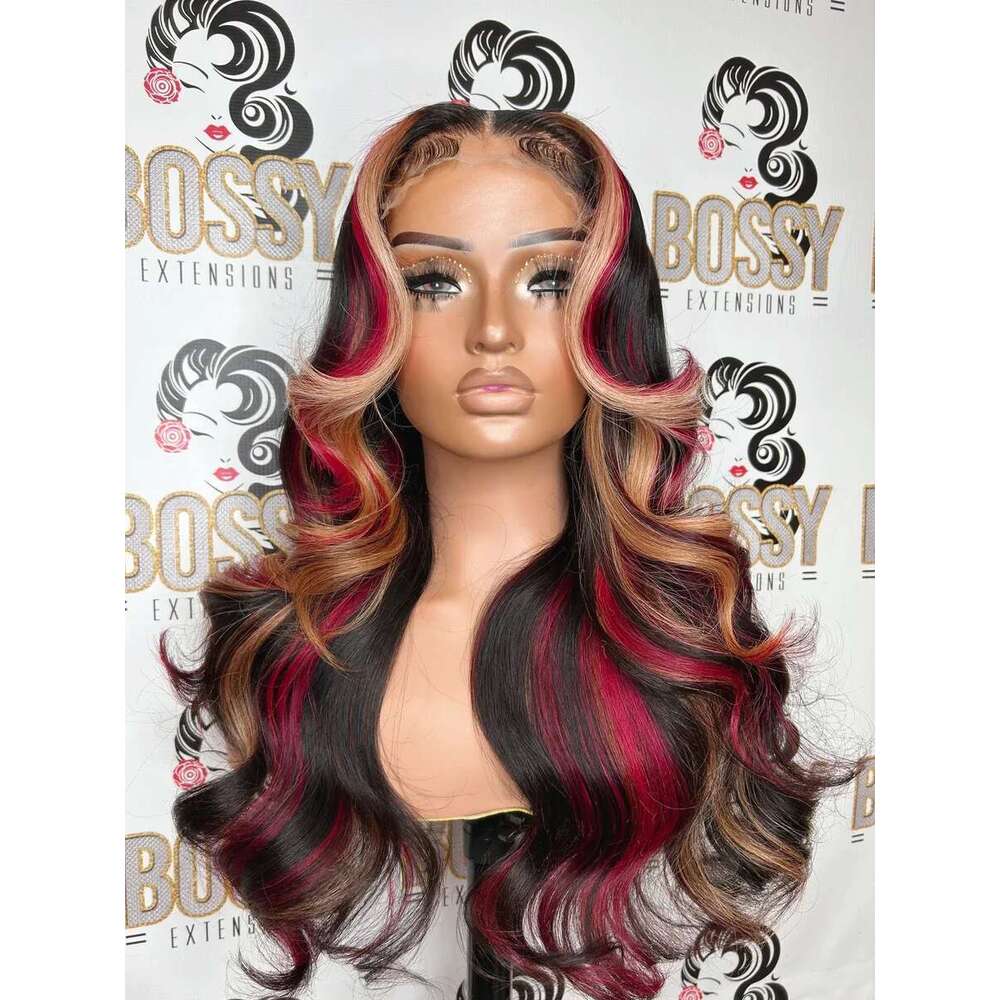13X6 Black with Red Blonde Highlight Synthetic 13x4 Front Wigs Pre Plucked With Hairline Women's Lace Frontal Wig