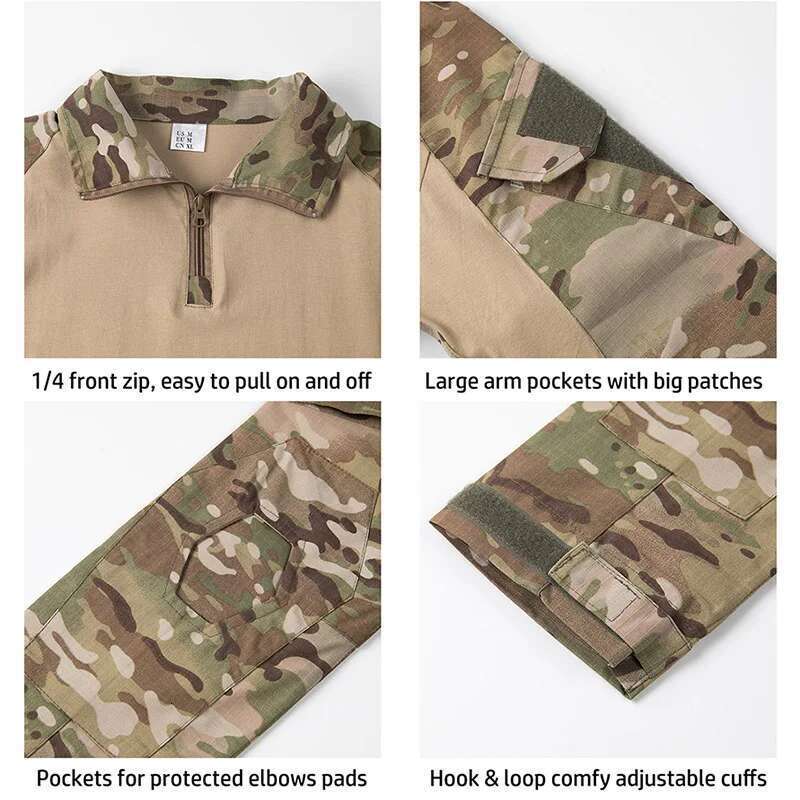 Men's Camouflage Tactical 1/4 Zip Long Sleeve Combat T Shirt Cotton Camo Uniform Airsoft Shirts