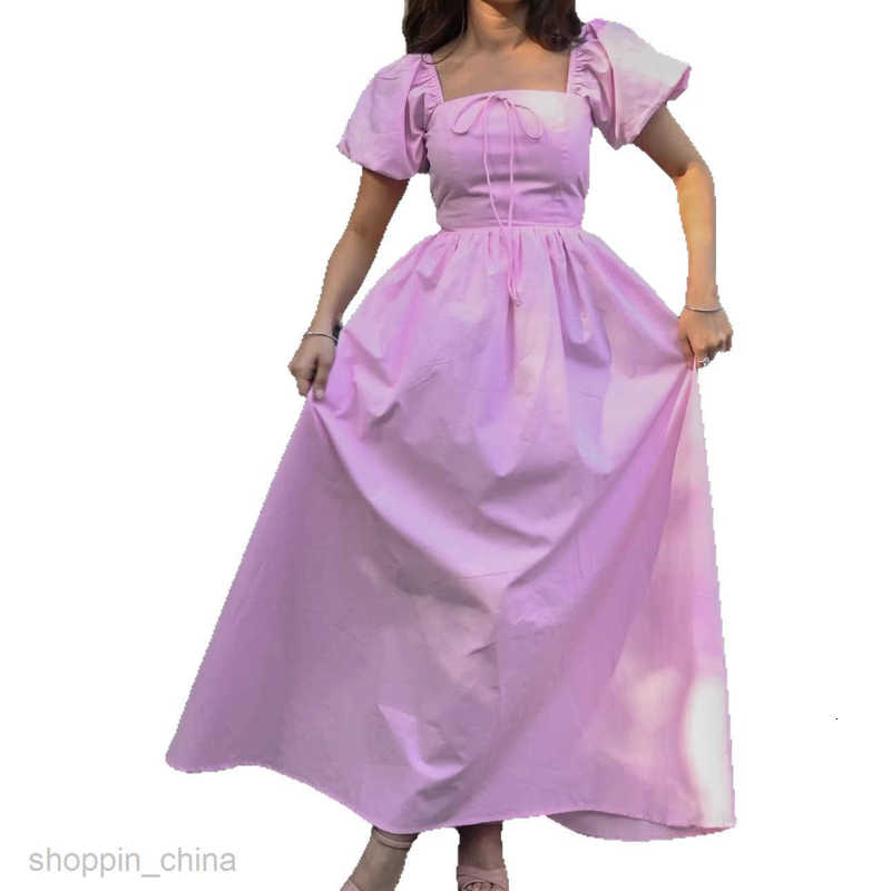 Women Dresses Women's summer new fashionable square neck solid color bubble sleeve sleeve waist cinched mid length dress