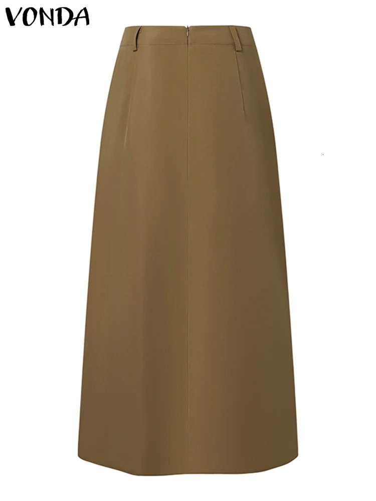 Plus Size 5XL Women Elegant Maxi Skirts Solid Color Skirt VONDA Fashion Pleated Casual Loose Pockets High Waist Bottoms 250514
