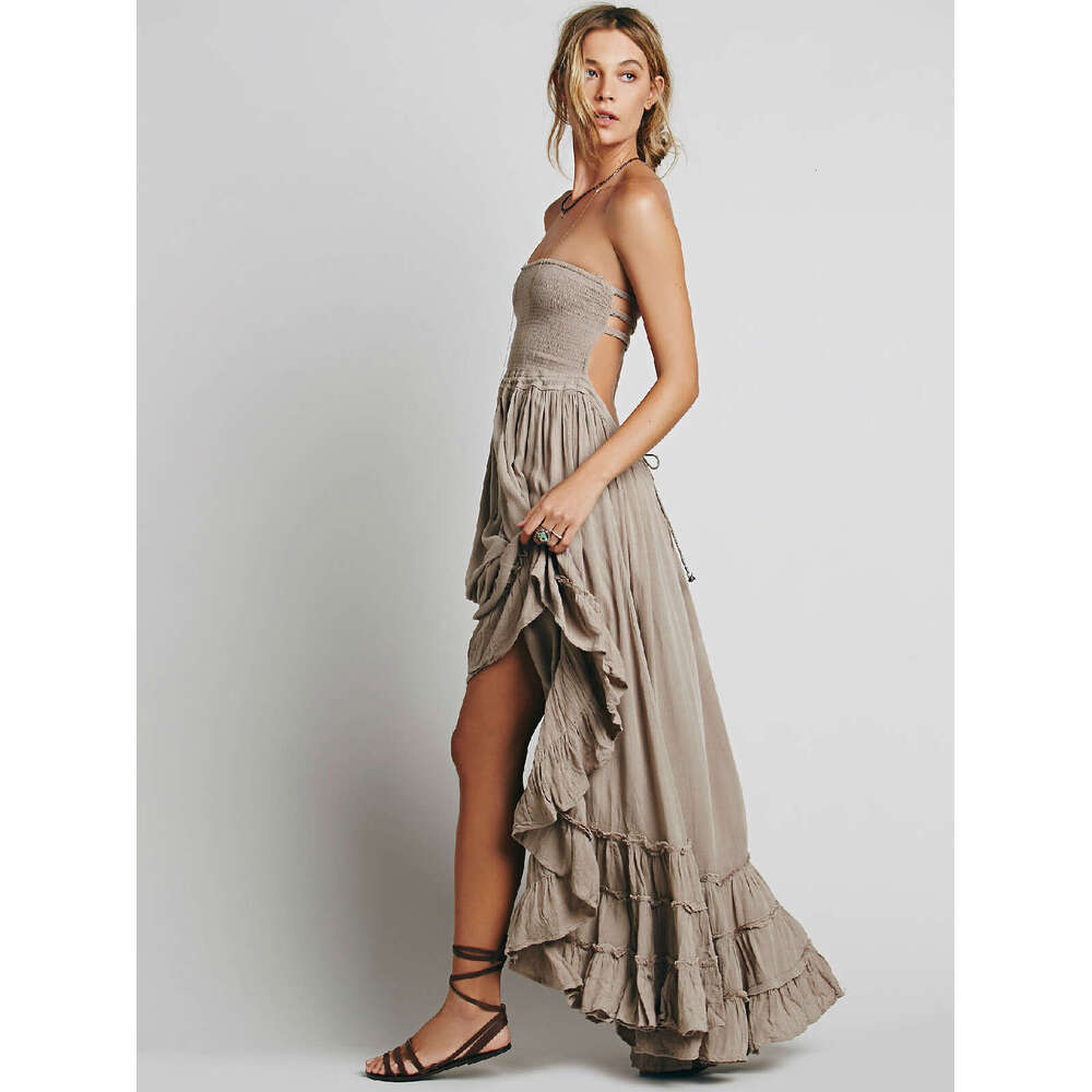 White Dress Maxi Dress Women's Backless Bohemian Beach Long Cotton Dress KQ