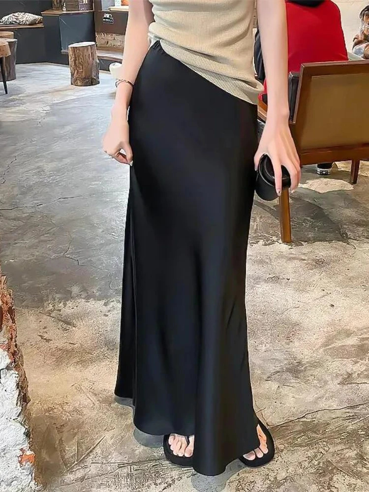 Womens Long Skirt Summer Silk High Waisted Satin Skirt Slim Fashion Korean Solid Champagne Black Midi Skirts for Women 250514