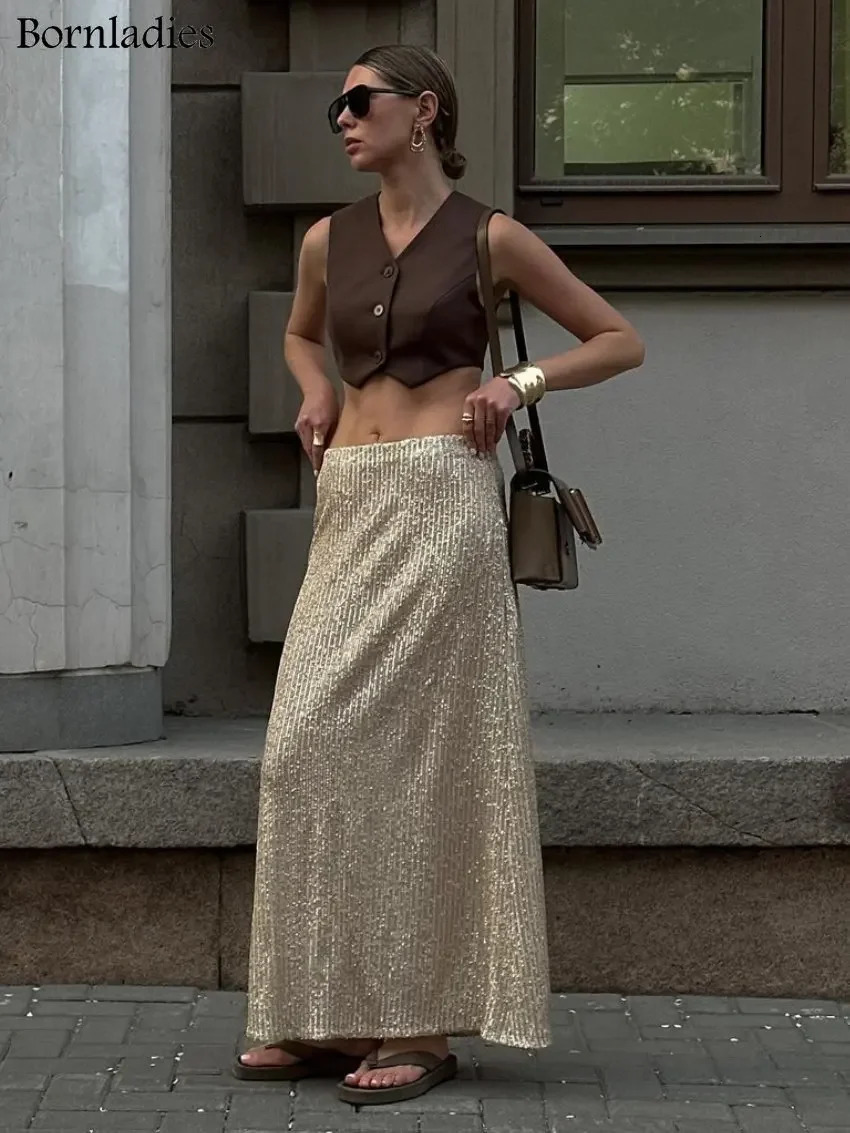 Bornladies Elegant Silk Sequins Women Skirt Dropped Waist Long Skirts Streetwear Classic Fashion Female Clothing 250515