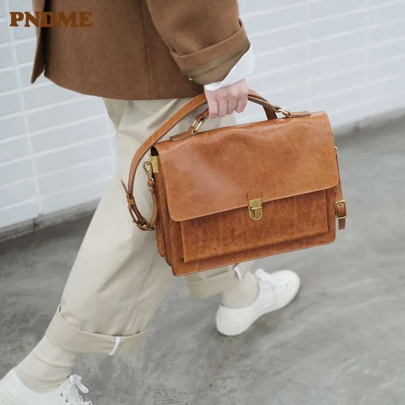 PNDME Fashion Genuine Leather Women's Briefcase Designer Business Casual Real Cowhide Work Handbag Lock Messenger Bag