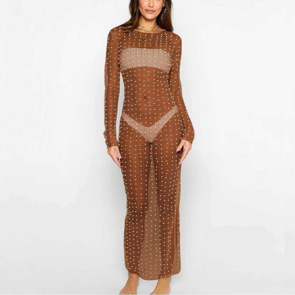 White Dress Maxi Dress 2022 New Fashionable And Sexy Dingzhu Hot Diamond Cover Up Mesh Long Sleeved Dress KQ