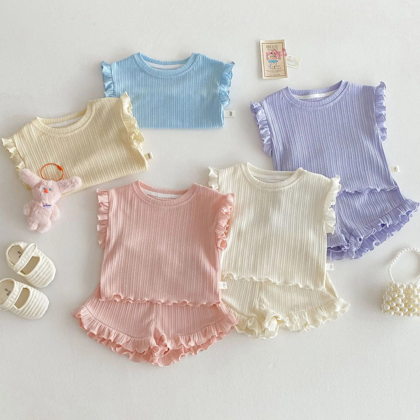 Girls Sleeveless Tees Sets Kids Solid Color Ruffled Vest Shorts 2pcs Suit Summer Baby Outfits Childrens Clothing 250515